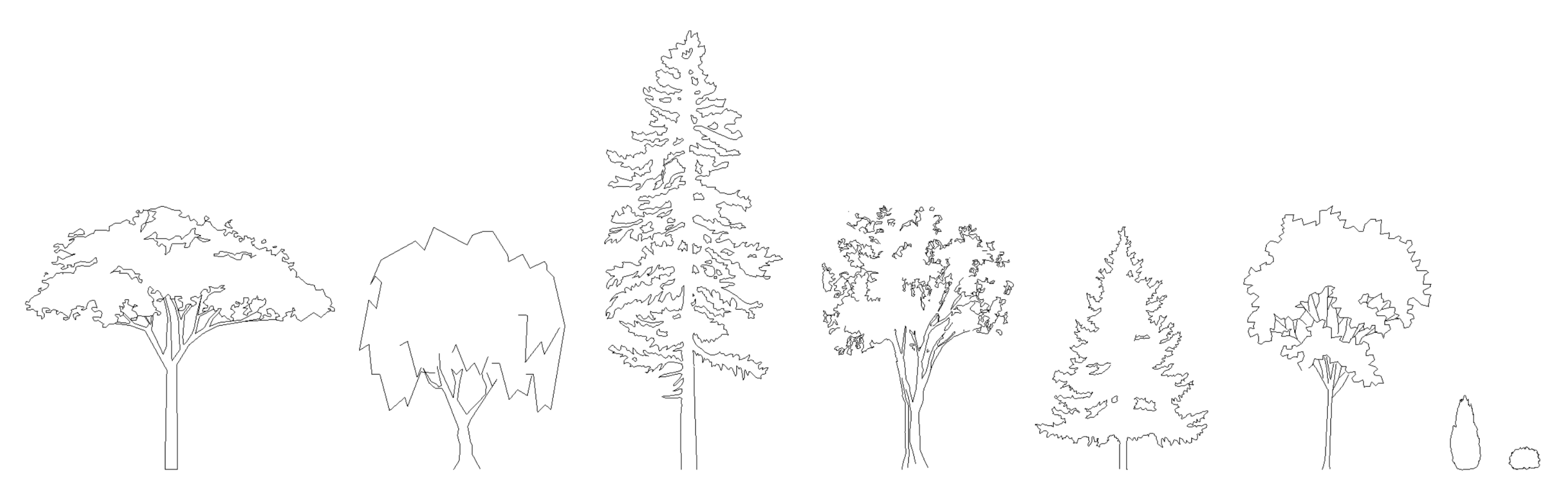 Revit elevation showing columnar, weeping, round, pyramidal, umbrella, and vase-shaped trees.